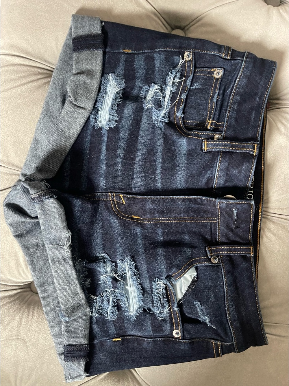 American Eagle Outfitters Dark Indigo Stretch Denim High-Rise Shortie Shorts.